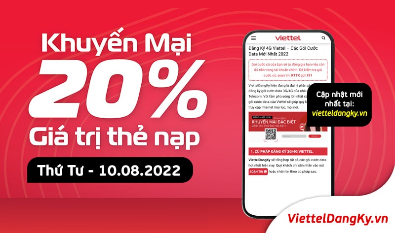 Viettel khuyến mại tặng 20% giá trị thẻ nạp ngày 10/08/2022