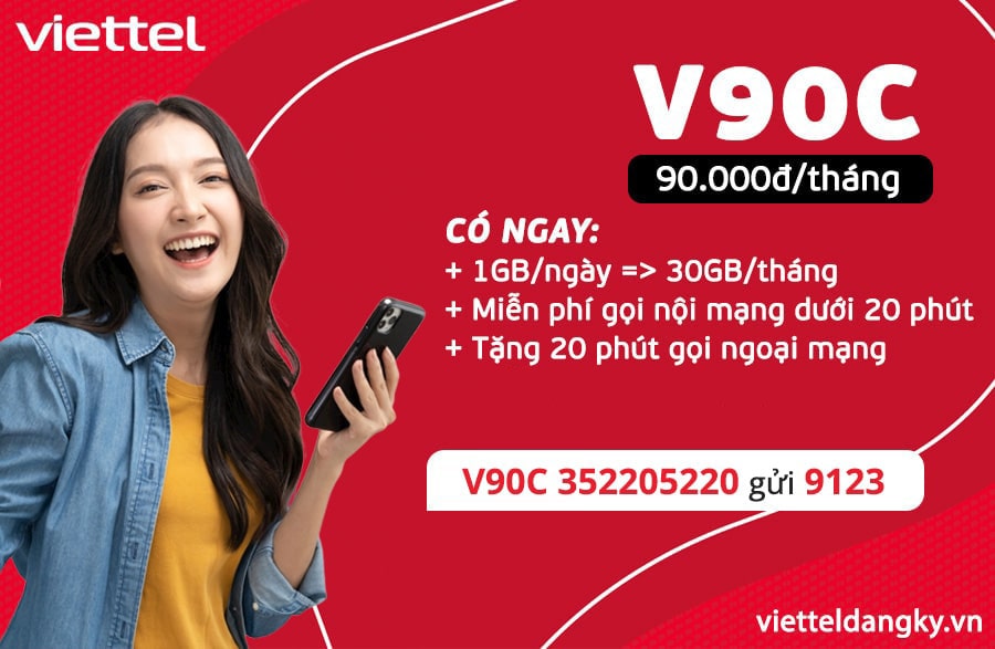 Đăng ký gói V90C Viettel nhận 30GB data, gọi thoại