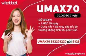 Đăng Ký Gói UMAX70 Viettel Ưu Đãi 7GB Với Giá 70K/tháng