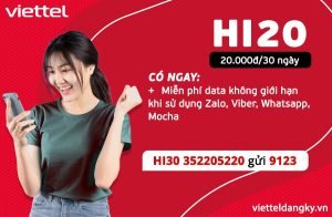 Đăng Ký Gói HI20 Viettel Miễn Phí Data Zalo, Viber, Whatsapp, Mocha