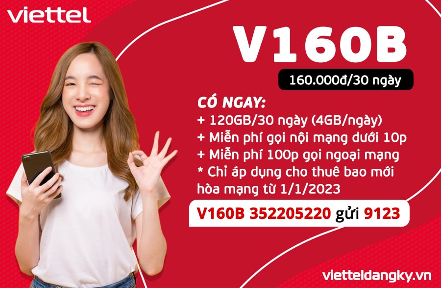 Gói cước V160B Viettel 120GB/tháng chỉ với 160k