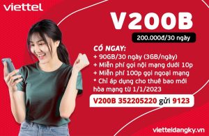 Gói cước V200B Viettel – Đăng ký nhận 90GB, thoại 200K